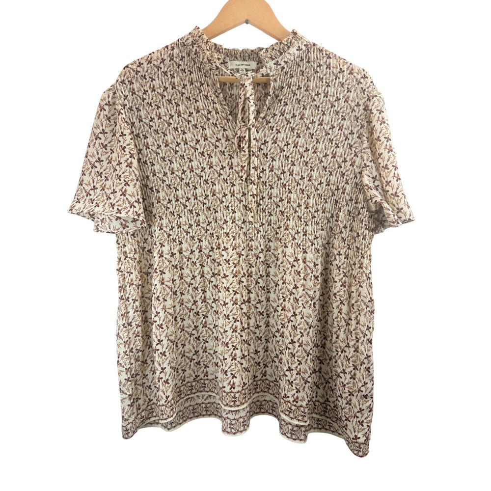 MAX STUDIO‎ Women's Floral Print Smocked Neck Tie Neck Blouse Size L Boho Casual